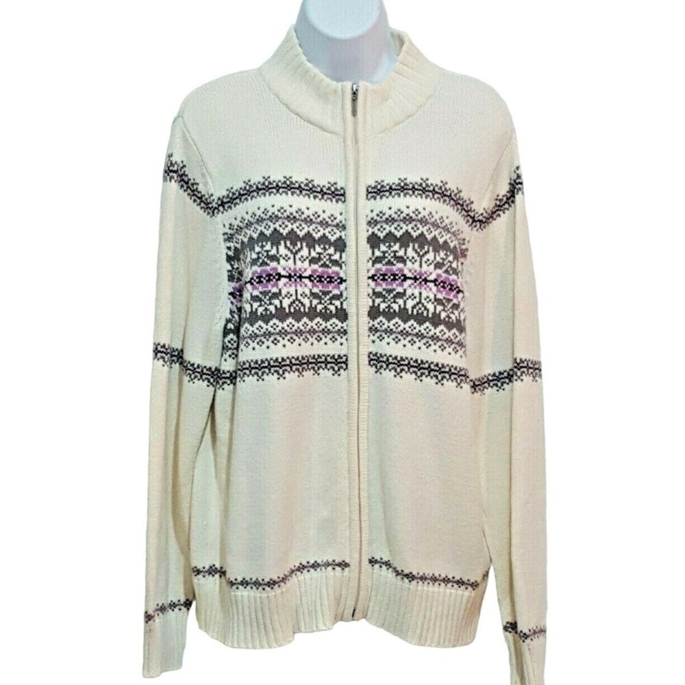 Vintage Cardigan Sweater XL Ivory Nordic Fair‎ Isle Snowflake Zip Up Grandpa